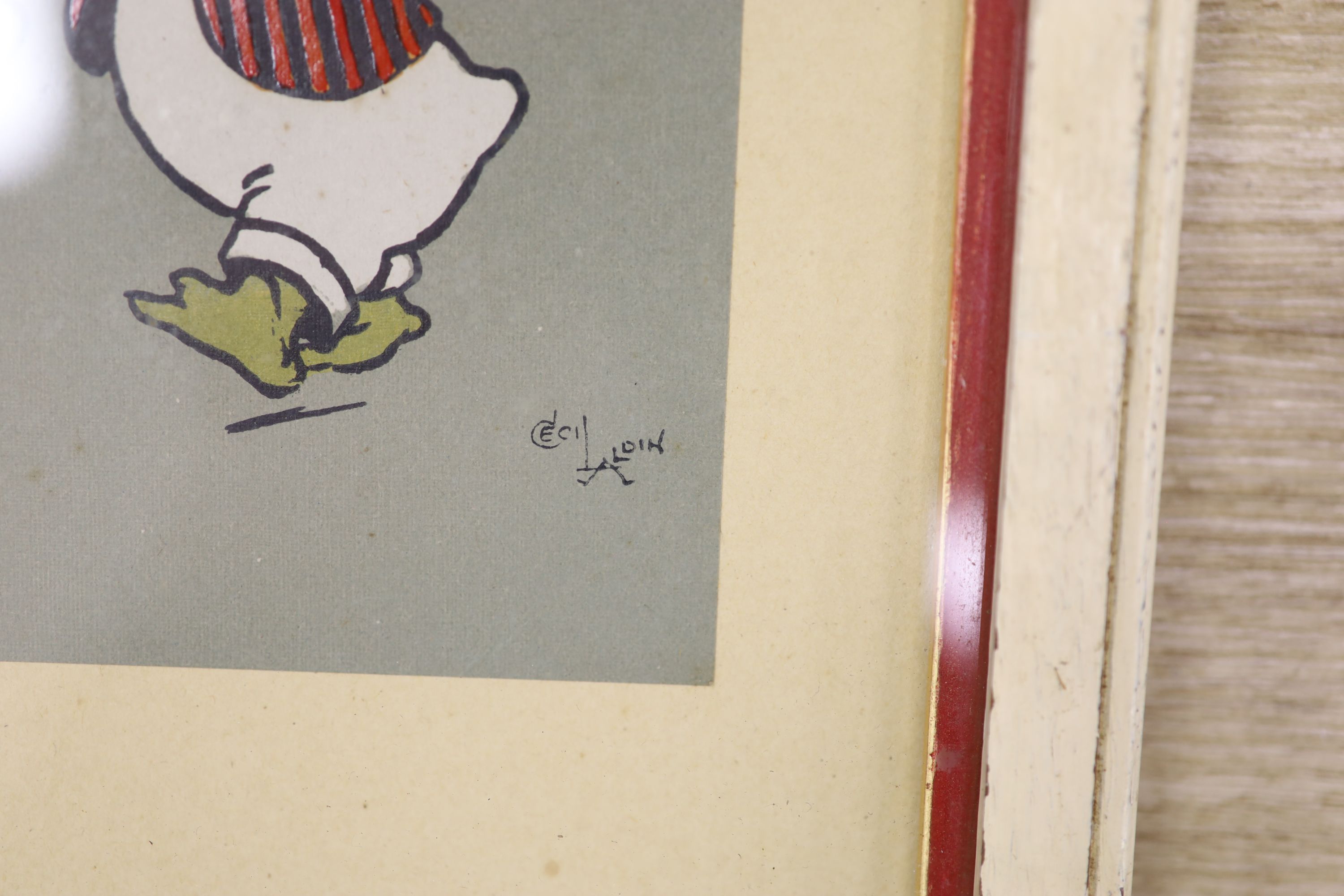 Cecil Aldin, chromolithograph, Ducks playing tennis, 17 x 16cm